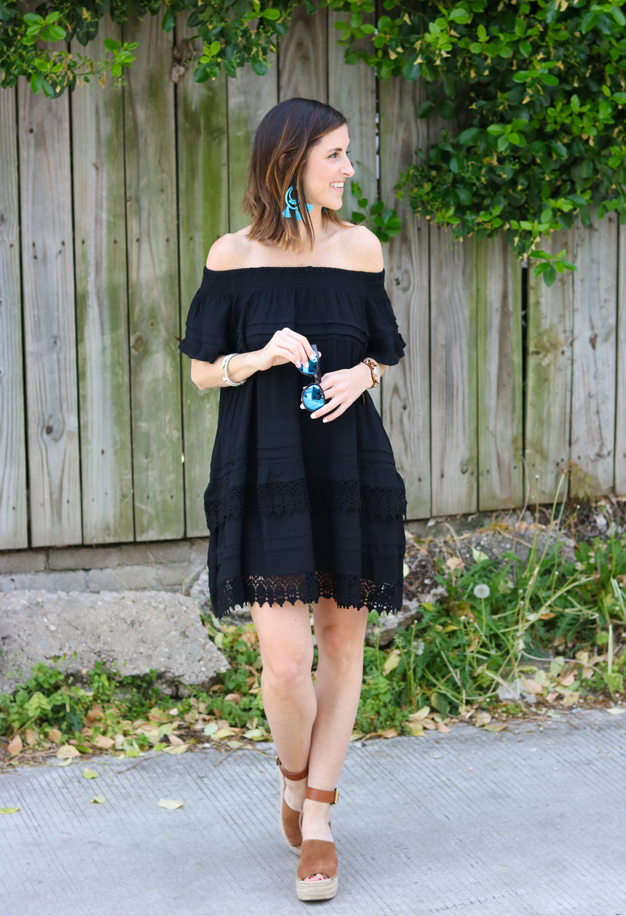 black dress with wedges